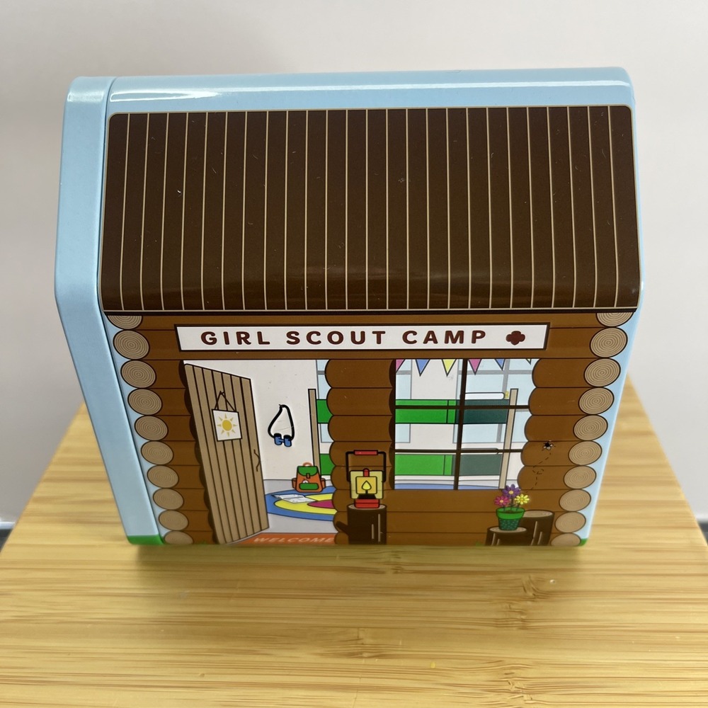 Girl Scouts Cookie Tin Box Lid Brown Log Cabin Scout Camp Trophy‎ Nut 2021 EMPTY